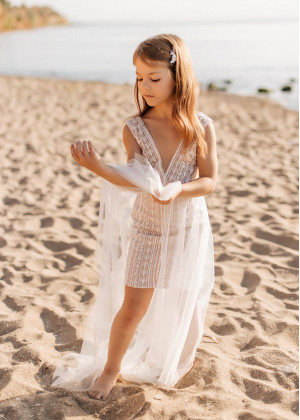 V Neck Beaded Ivory Lace Tulle Bohemian Flower Girl Dress